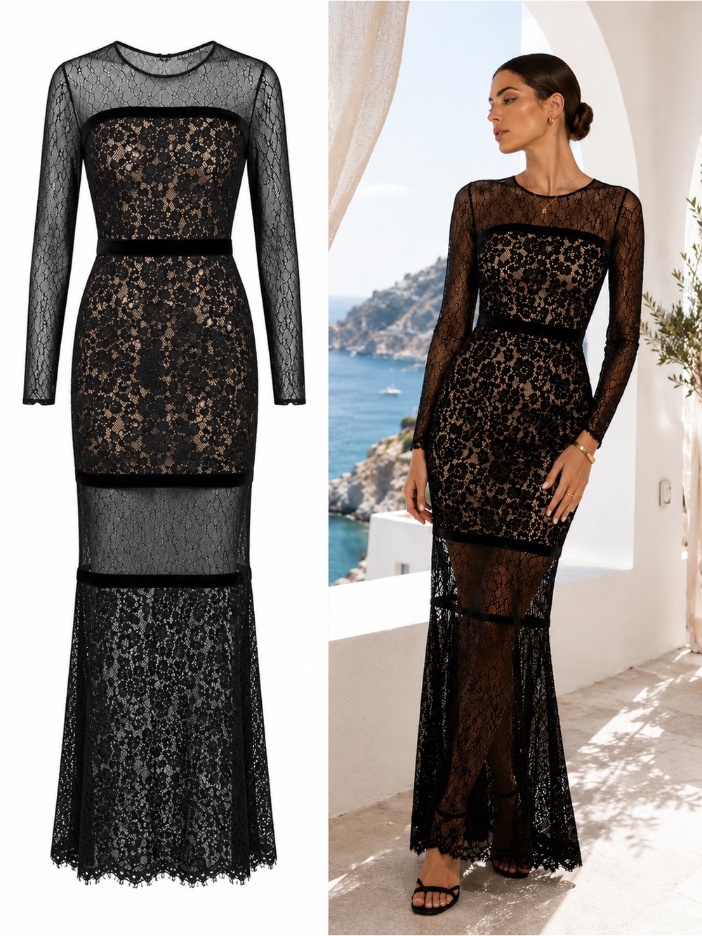 Marciano Black Lace Illusion Maxi Gown Sheer Panel Formal Dress Size Small